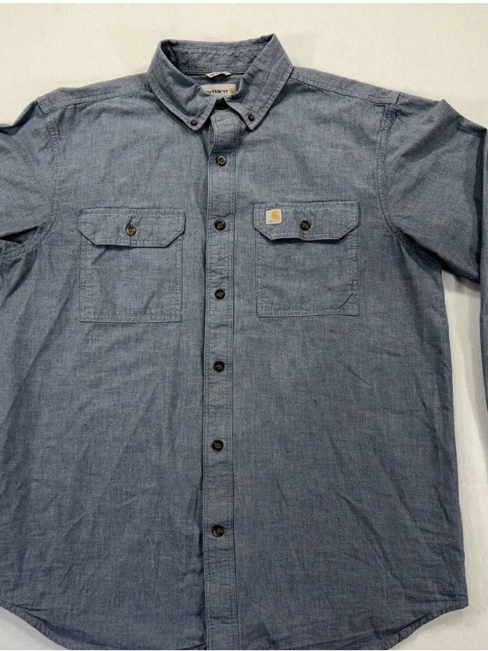 Carhartt Mens L Relaxed Fit Blue Chambray Work Shirt Button Front Long Sleeve